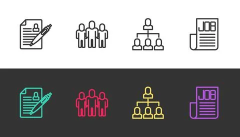 Set line Resume, Project team base, Employee hierarchy and Search job on bl.. Stock Illustration