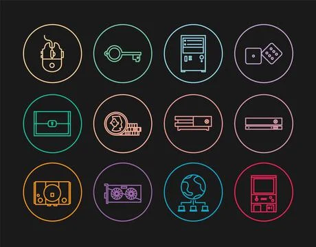 Set line Retro arcade game machine, Video console, Computer, Coin for, Chest, Stock Illustration