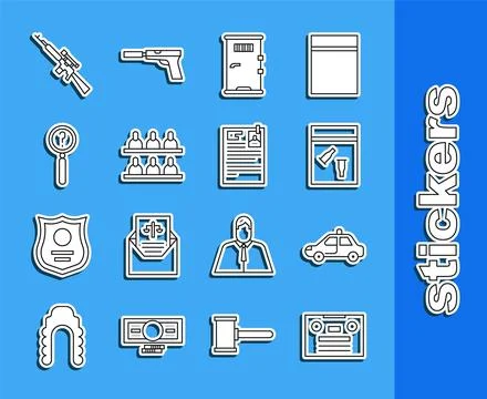 Set line Retro audio cassette tape, Police car and flasher, Evidence bag bullet Stock Illustration