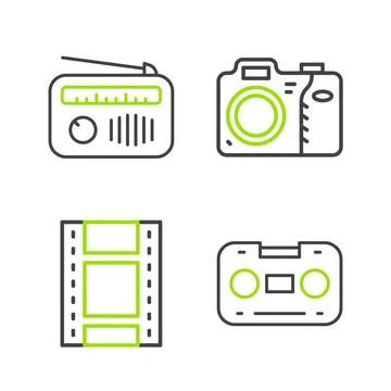Set line Retro audio cassette tape Play Video Photo camera and Radio with ant Stock Illustration
