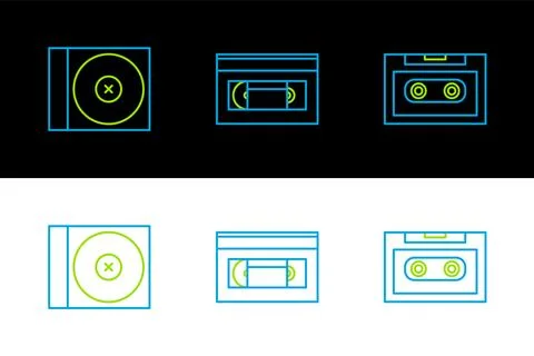 Set line Retro audio cassette tape, CD or DVD disk and VHS video icon. Vector イラスト素材