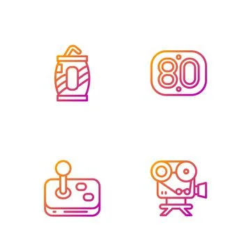 Set line Retro cinema camera, Joystick, Soda can with straw and 80s. Gradient Stock Illustration