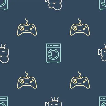 Set line Retro cinema camera, Gamepad and Washer on seamless pattern. Vector Illustrazione stock
