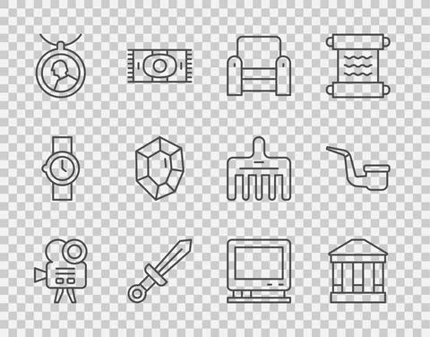 Set line Retro cinema camera, Museum building, Armchair, Medieval sword, Locket Ilustración de archivo
