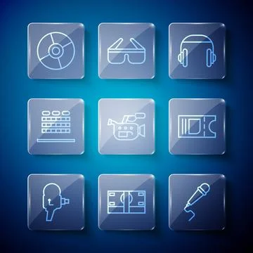 Set line Retro cinema camera, Stacks paper money cash, Microphone, Headphones Stock Illustration