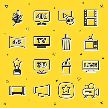 Set line Retro cinema camera, Live stream, tv, Screen with 4k, Smart Tv, Movi Stock Illustration