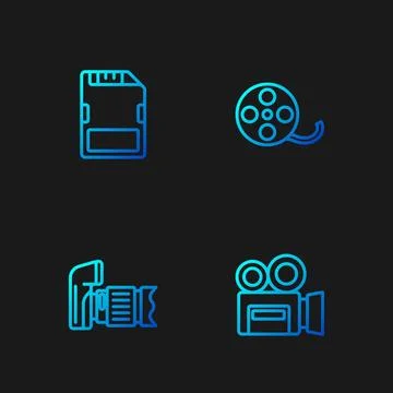 Set line Retro cinema camera, Photo, SD card and Film reel. Gradient color icons Stock Illustration