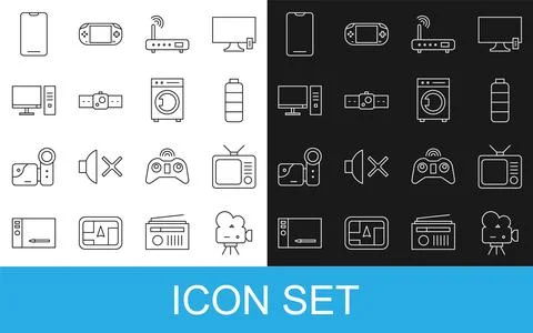 Set line Retro cinema camera, tv, Battery charge level indicator, Router an.. Illustrazione stock