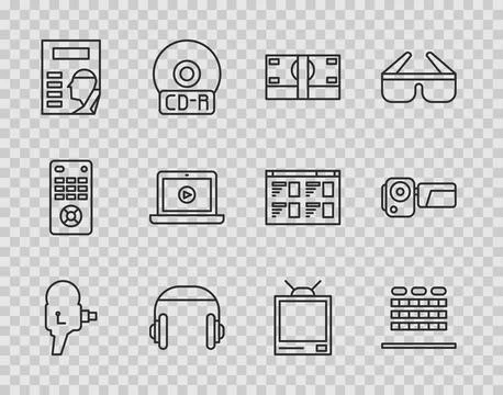 Set line Retro cinema camera, Cinema auditorium with seats, Stacks paper mo.. Stock Illustration