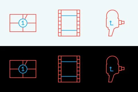 Set line Retro cinema camera, Old film movie countdown frame and Play Video.. Stock Illustration