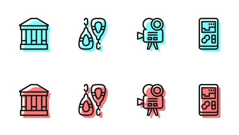Set line Retro cinema camera, Museum building, Earrings and Portable video .. Ilustración de archivo