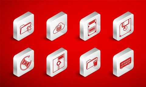 Set line Retro flip clock, Cloud database, SSD card, Floppy disk, Delete folder Stock Illustration