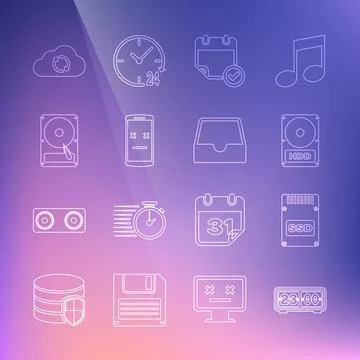 Set line Retro flip clock, SSD card, Hard disk drive HDD, Calendar with check Stock Illustration