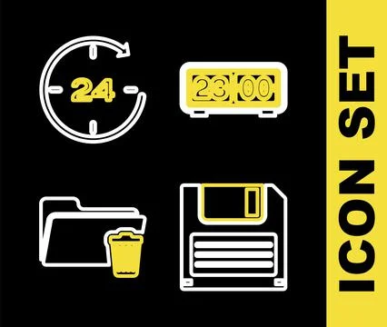 Set line Retro flip clock, Floppy disk, Delete folder and Clock 24 hours icon Stock Illustration