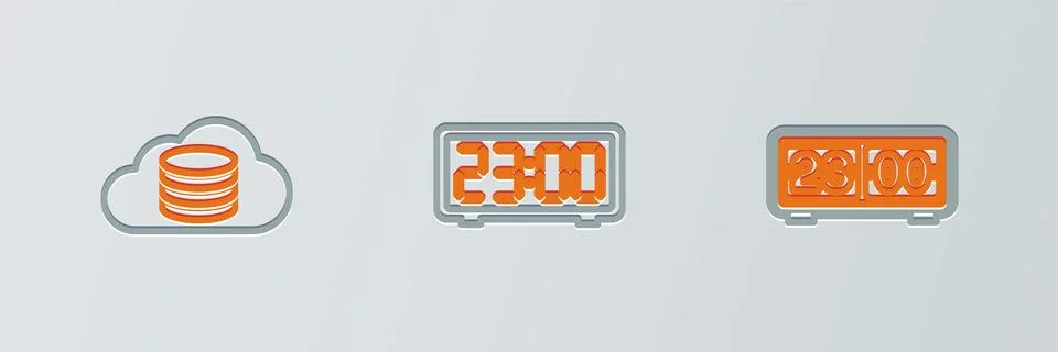 Set line Retro flip clock, Cloud database and Digital alarm icon. Vector Stock Illustration
