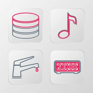 Set line Retro flip clock, Water tap, Music note, tone and Database icon. Vector Stock Illustration