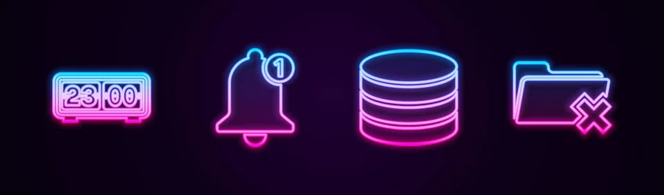 Set line Retro flip clock, Bell, Database and Delete folder. Glowing neon ico Stock Illustration