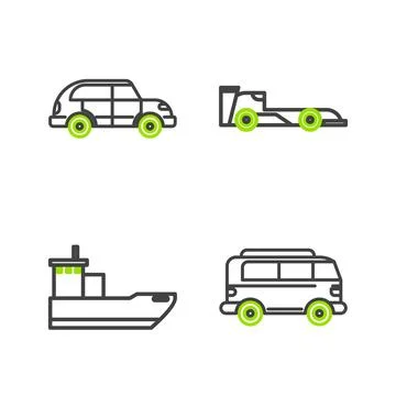 Set line Retro minivan, Cargo ship, Formula race car and Hatchback icon. Vector Stock Illustration