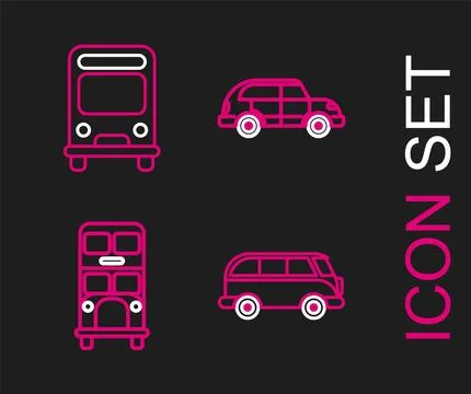 Set line Retro minivan, Double decker bus, Hatchback car and Bus icon. Vector Stock Illustration