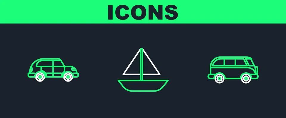 Set line Retro minivan, Hatchback car and Yacht sailboat or sailing ship icon Stock Illustration