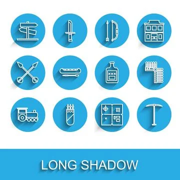 Set line Retro train, Quiver with arrows, Road traffic signpost, Treasure m.. Stock Illustration