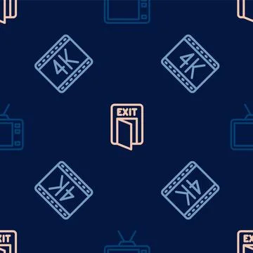 Set line Retro tv, 4k movie and Fire exit on seamless pattern. Vector Illustrazione stock