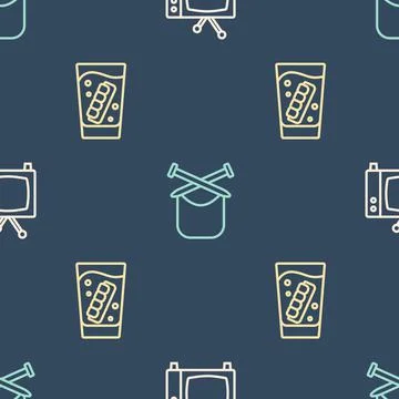 Set line Retro tv, False jaw in glass and Knitting on seamless pattern. Vector Stock Illustration