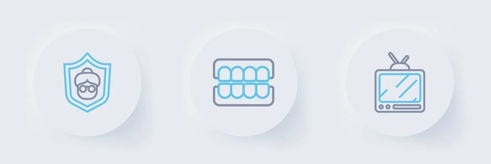 Set line Retro tv, False jaw and Grandmother icon. Vector Stock Illustration