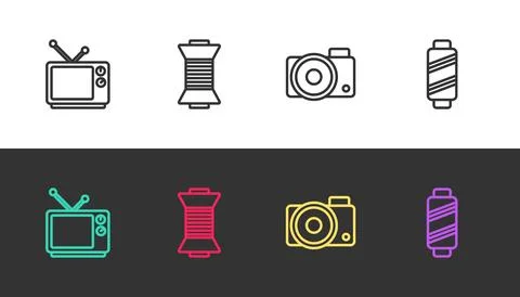 Set line Retro tv, Sewing thread on spool, Photo camera and on black and white Stock Illustration