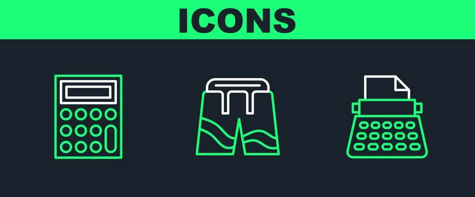 Set line Retro typewriter, Calculator and Short pants icon. Vector Stock Illustration