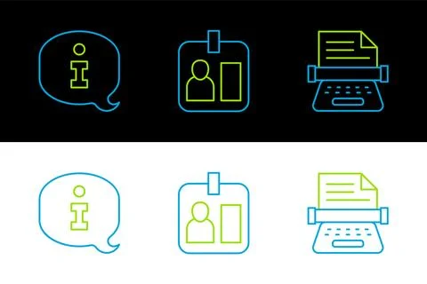 Set line Retro typewriter, Information and Journalist id card icon. Vector Stock Illustration