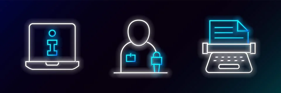 Set line Retro typewriter, Information and Journalist news icon. Glowing ne.. Stock Illustration