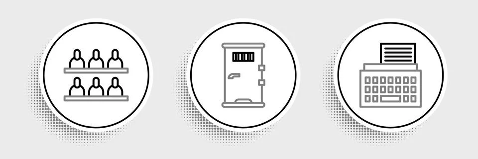 Set line Retro typewriter, Jurors and Prison cell door icon. Vector Stock Illustration