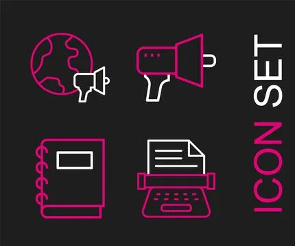 Set line Retro typewriter, Notebook, Megaphone and World news icon. Vector Stock Illustration