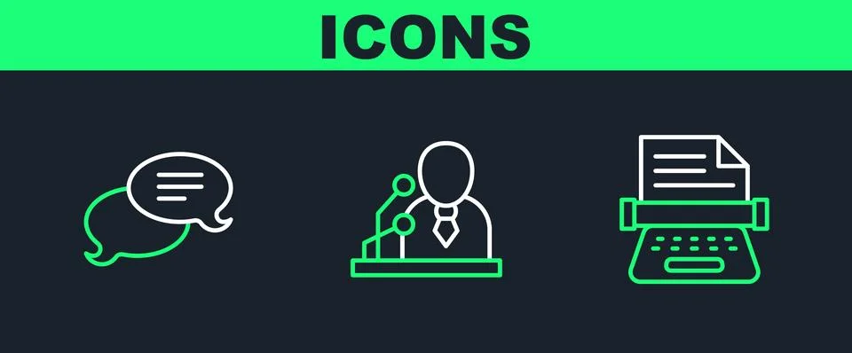Set line Retro typewriter, Speech bubble chat and Breaking news icon. Vector Stock Illustration