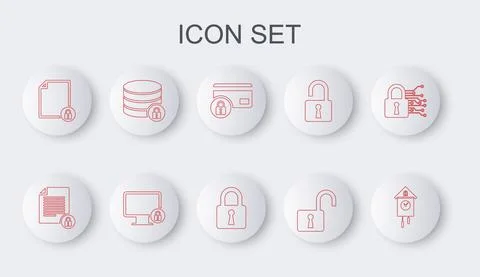 Set line Retro wall watch, Document and lock, Credit card with, Open padlock Illustrazione stock