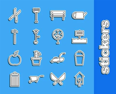 Set line Retro wall watch, Bucket, Blank wooden sign board, Bench, Grass and Stock Illustration