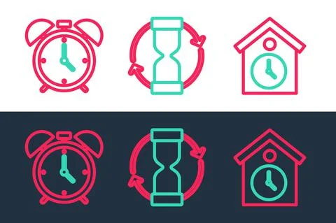 Set line Retro wall watch, Alarm clock and Old hourglass icon. Vector Stock Illustration