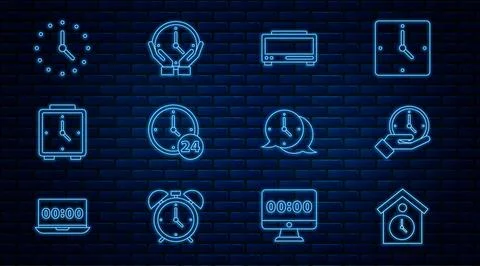 Set line Retro wall watch, Clock, Digital alarm clock, 24 hours, Alarm, speech Stock Illustration
