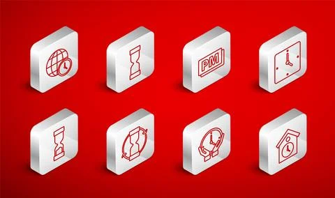 Set line Retro wall watch, Old hourglass, Clock PM, World time, and icon. Vector イラスト素材