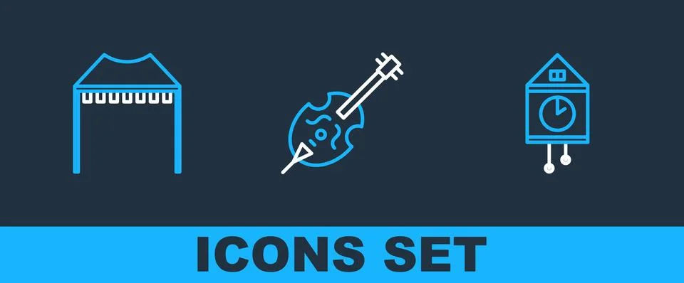 Set line Retro wall watch, Camping tent and Violin icon. Vector Stock Illustration