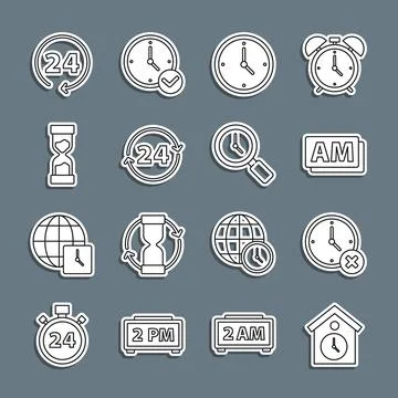 Set line Retro wall watch, Clock delete, AM, 24 hours, Old hourglass,  and .. Stock Illustration