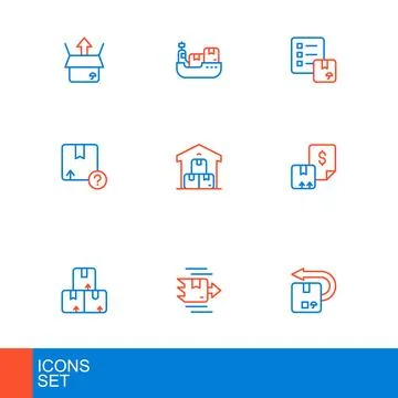 Set line Return cardboard box, Carton, Waybill, Full warehouse, Verificatio.. Stock Illustration