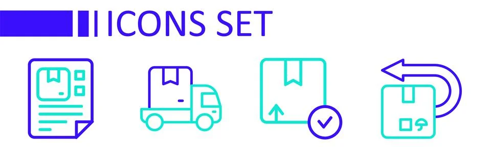 Set line Return cardboard box, Carton, Delivery cargo truck and Waybill ico.. Illustrazione stock