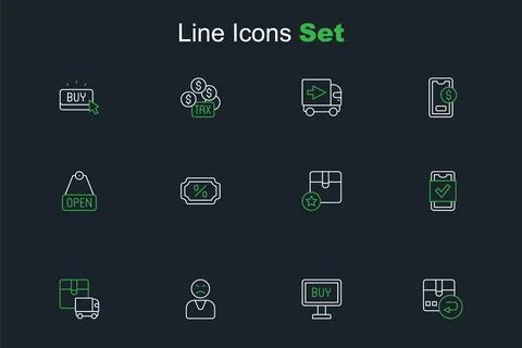 Set line Return cardboard box, Buy button, Angry customer, Delivery cargo t.. Illustrazione stock