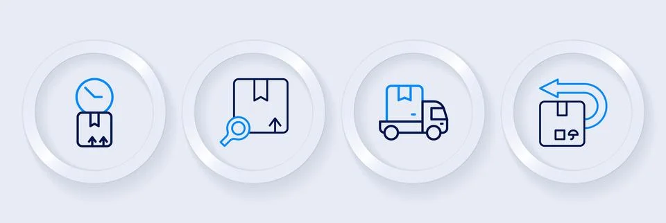 Set line Return cardboard box, Delivery cargo truck, Search package and Car.. Stock Illustration