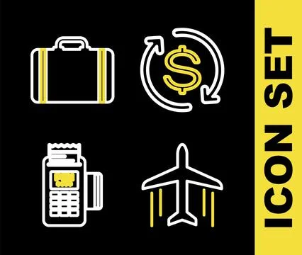 Set line Return of investment, Plane, POS terminal and Suitcase for travel .. Illustrazione stock