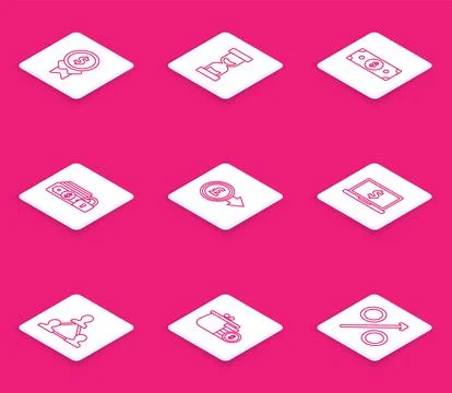 Set line Reward for good work, Old hourglass with flowing sand, Stacks paper  Stockillustratie