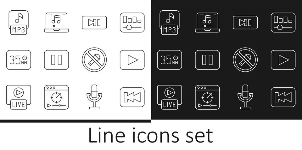 Set line Rewind button, Play, Pause, Audio jack, MP3 file, Mute microphone and Stock Illustration