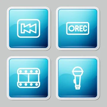Set line Rewind button, Record, Play video and Microphone icon. Vector Stock Illustration